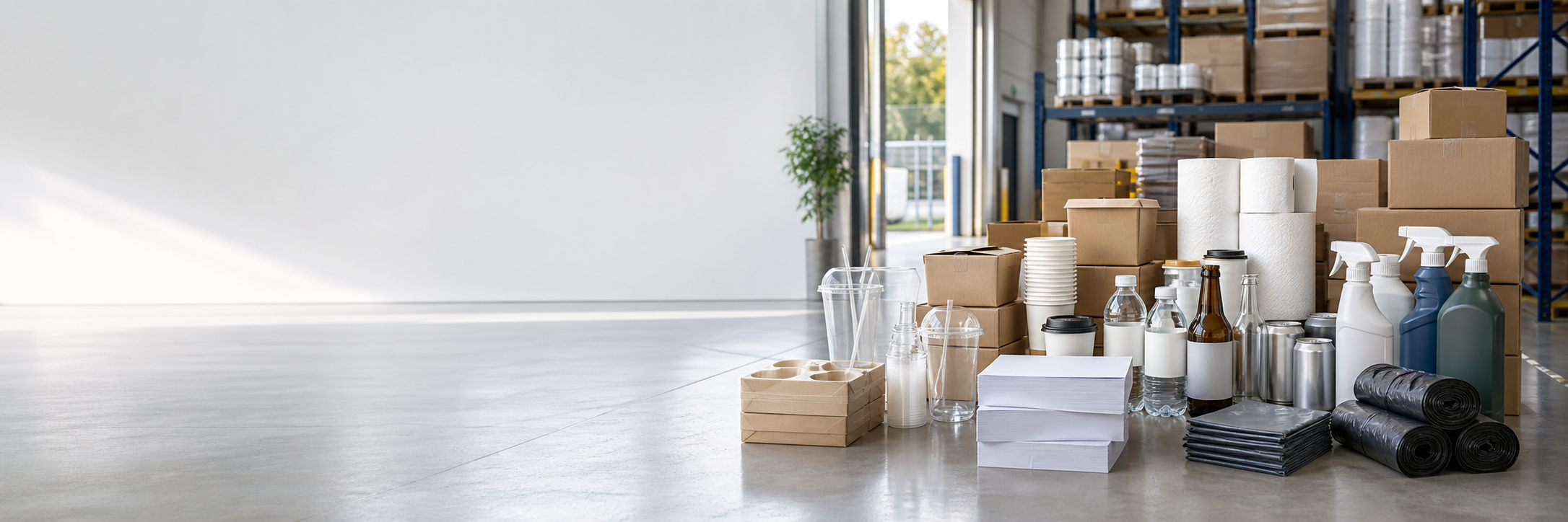 Business supplies including packaging, beverages, paper products and cleaning essentials in a local warehouse