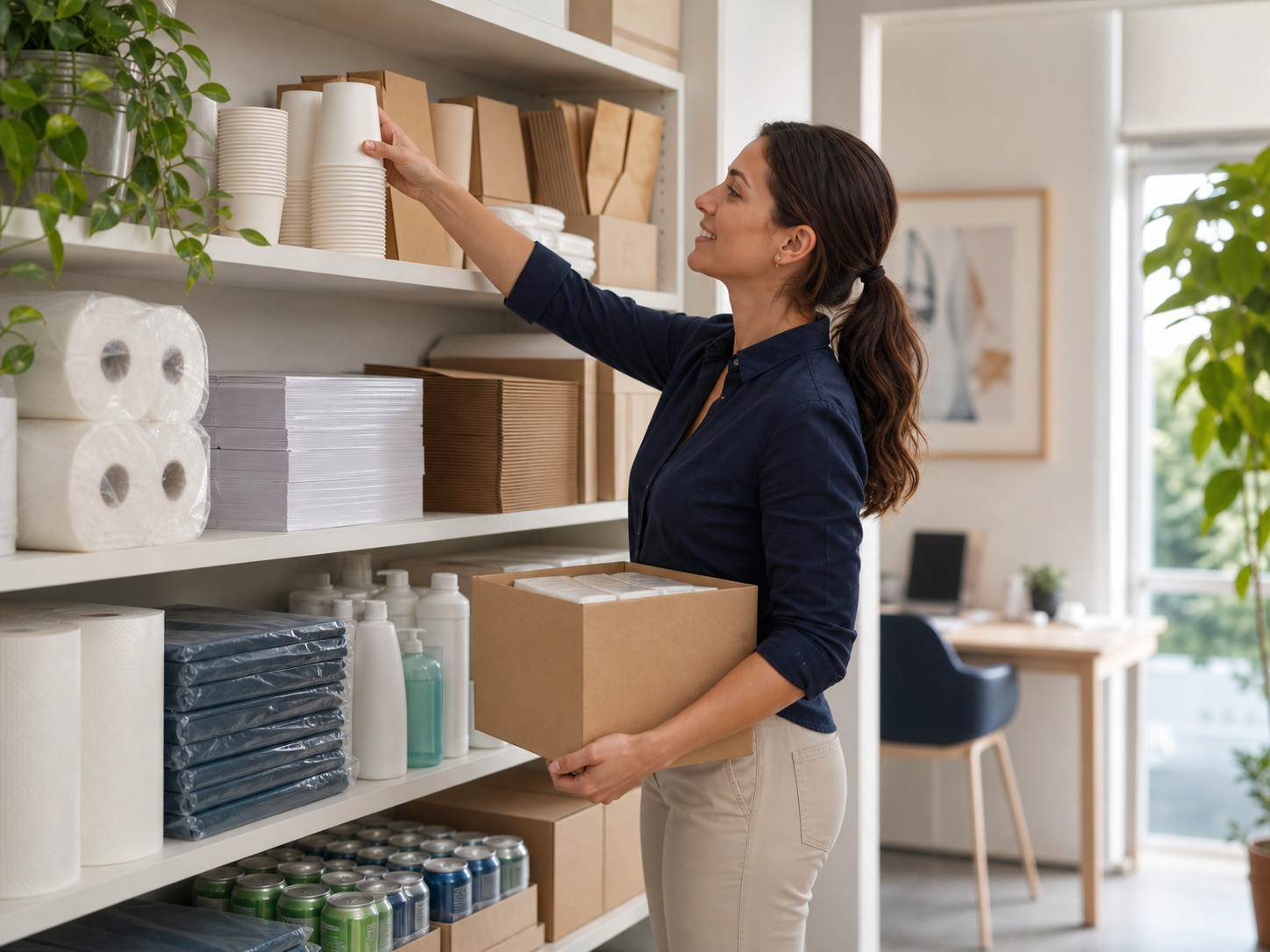 Small business owner organizing cups, paper products, beverages and cleaning supplies